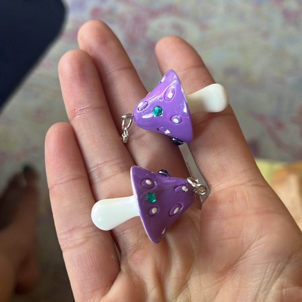 Purple dangle mushroom earrings with rhinestones